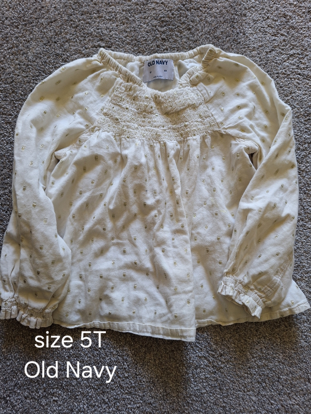 Old Navy Cream Long Sleeve Smocked Top with Gold Dot Accent